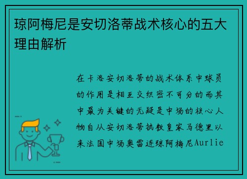琼阿梅尼是安切洛蒂战术核心的五大理由解析