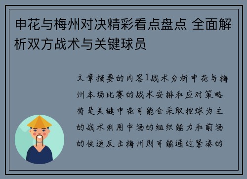 申花与梅州对决精彩看点盘点 全面解析双方战术与关键球员
